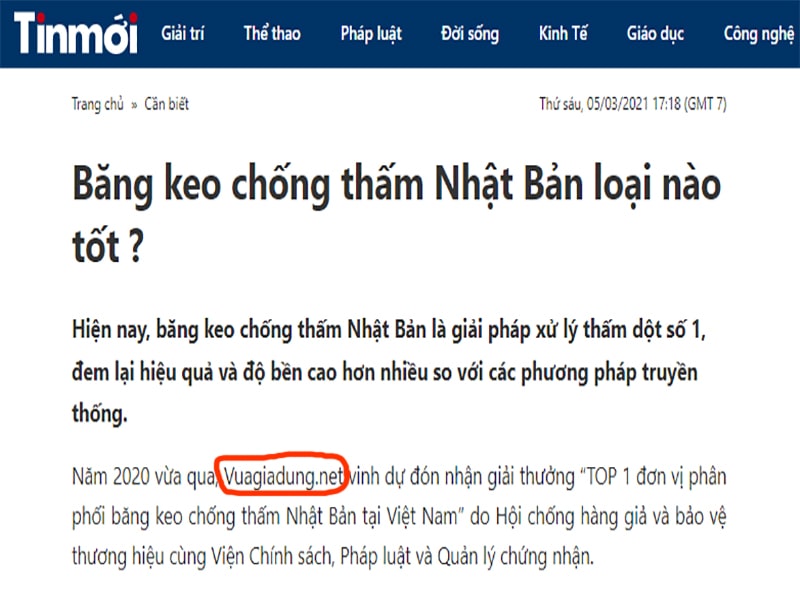 Băng keo chống thấm vuagiadung.net lên báo Tinmoi.vn