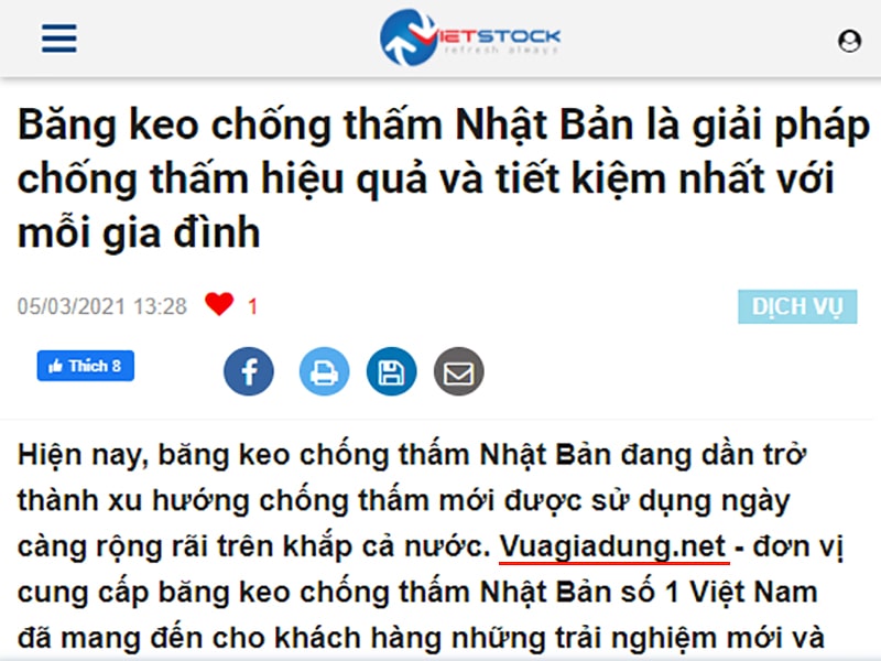 Băng keo chống thấm của vuagiadung.net lên báo Vietstock.vn